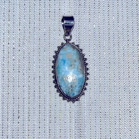 Stunning Oval Larimar Stone Silver Pendant (No Chain) Handcrafted - Picture 3 of 3